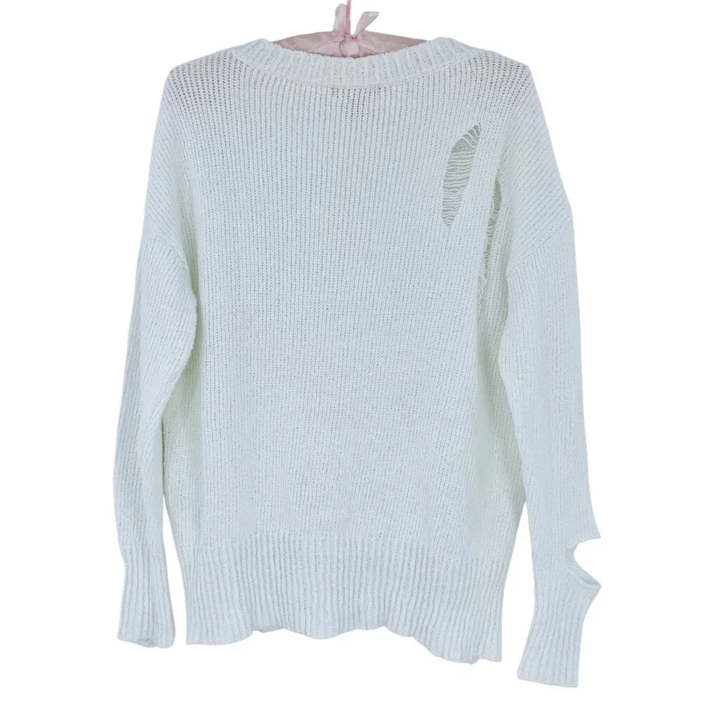 Vtg 90s Saks Fifth Avenue White Distressed V-Neck Sweater | Grunge Indie Sleaze - Picture 5 of 16
